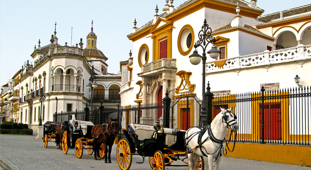 This is a typical horse carriage which can be found next to La Maestranza, in Seville city centre.